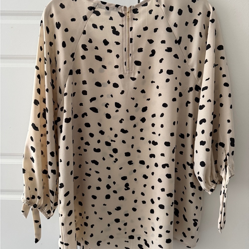Polka Dot Top Cream Black 3/4 Sleeves Women's Tie Wrist M Interview Outfit - Picture 5 of 5